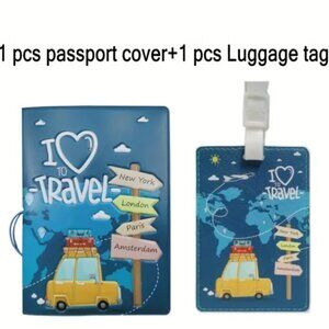 Passport Case Cover I Love to Travel Blue with Matching Luggage Tag NWT